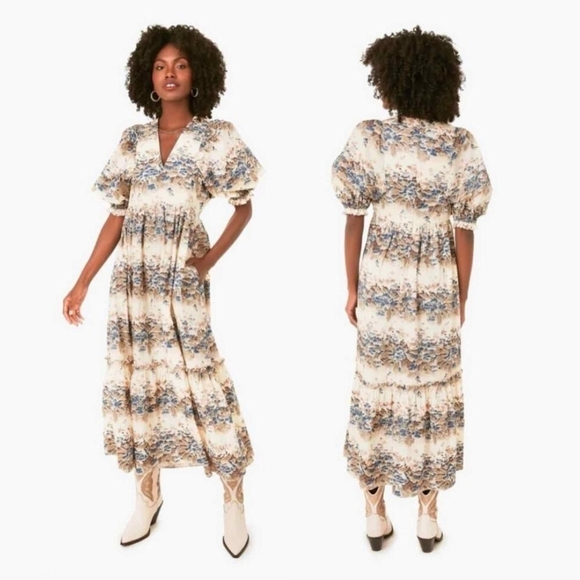 Hunter Bell Palmer Puffed Sleeve Misty Morning Midi Dress Size Small - Picture 8 of 10